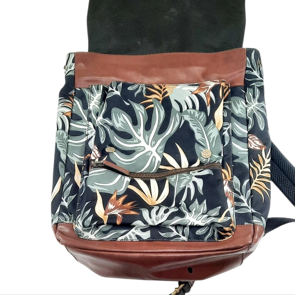 Fossil Miles Backpack Canvas And Leather Monstera Leaf Pattern